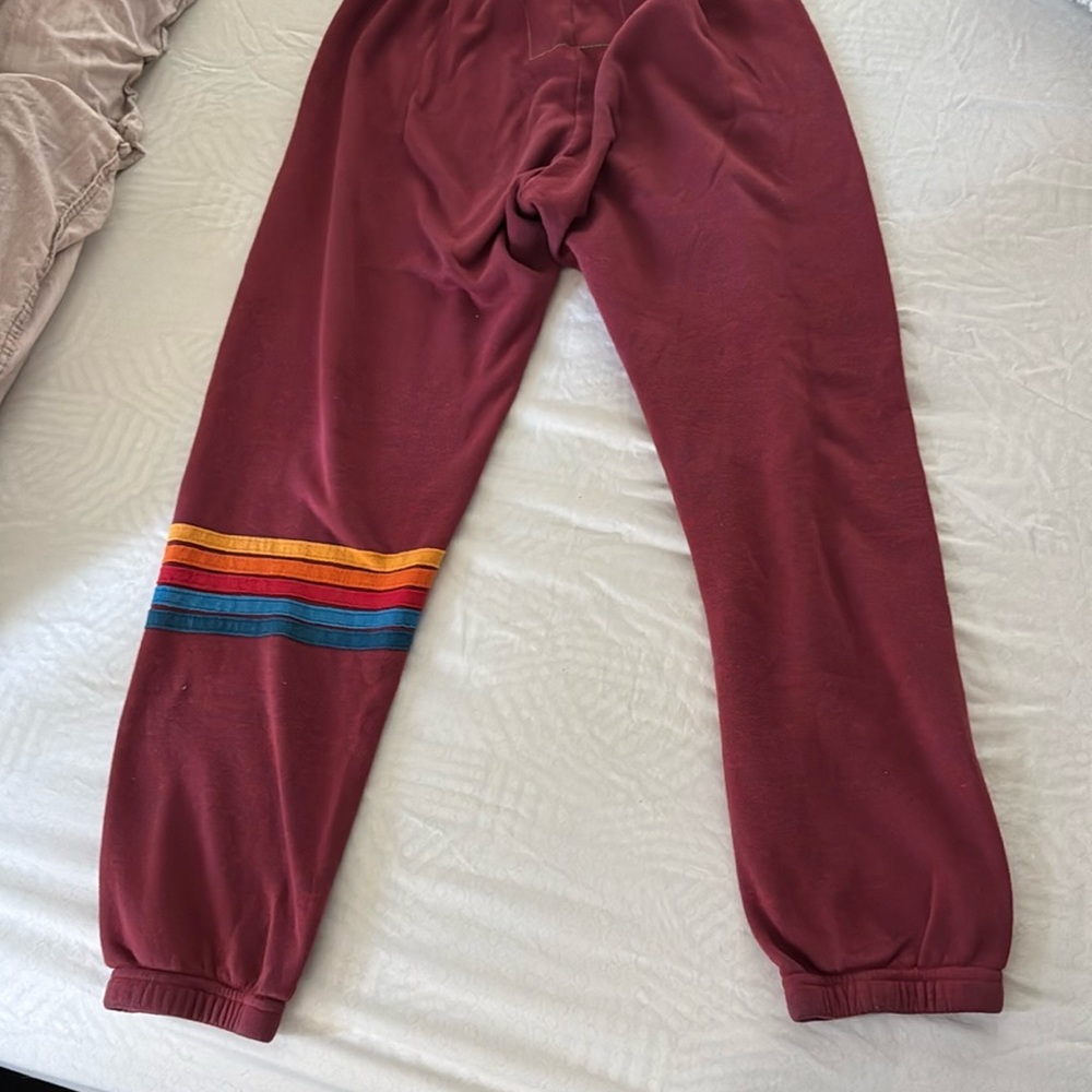Aviator Nation Red and Yellow Joggers with Rainbow Stripes